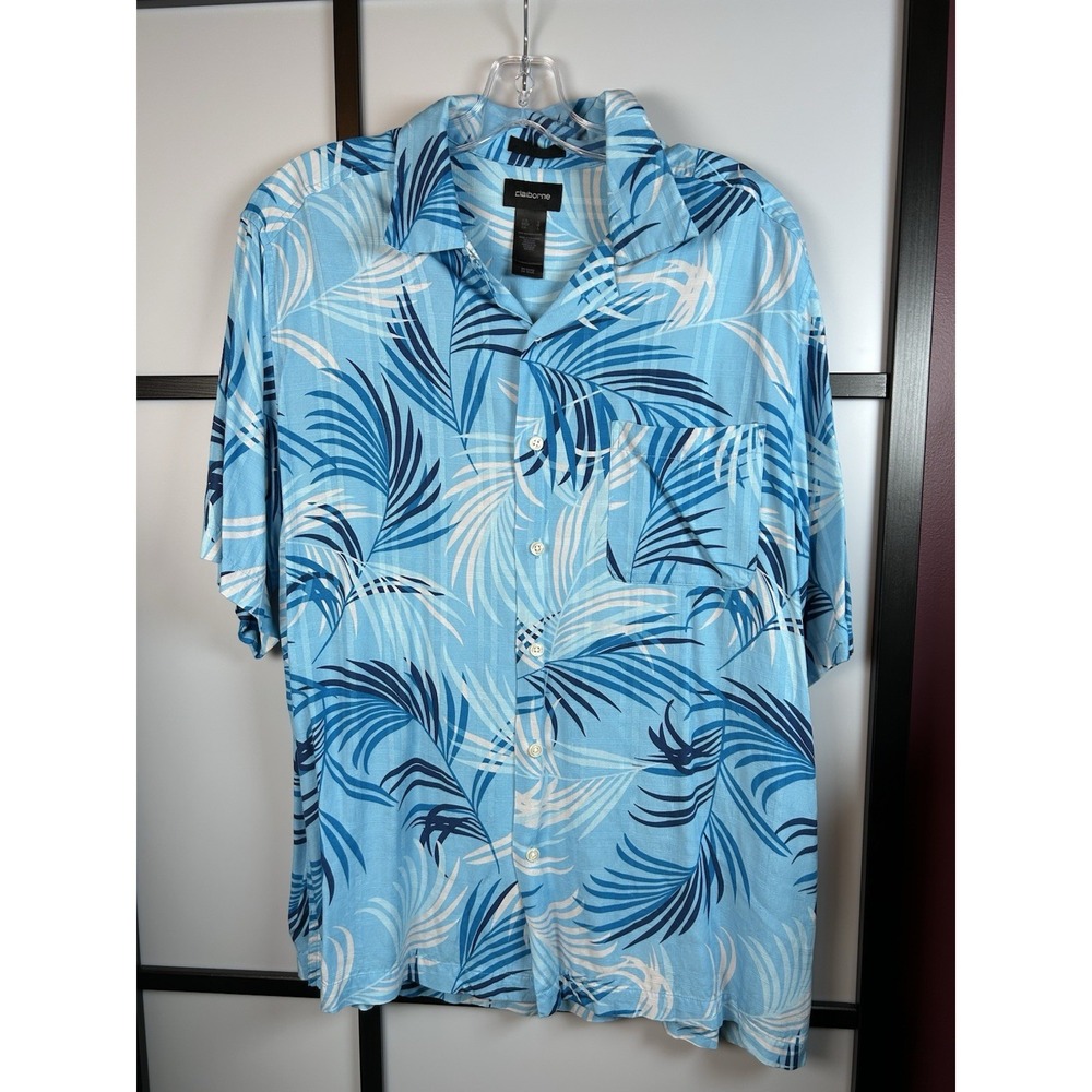 Claiborne Men's Blue Hawaiian Button Down Short Sleeve Shirt Hawaiian Rayon